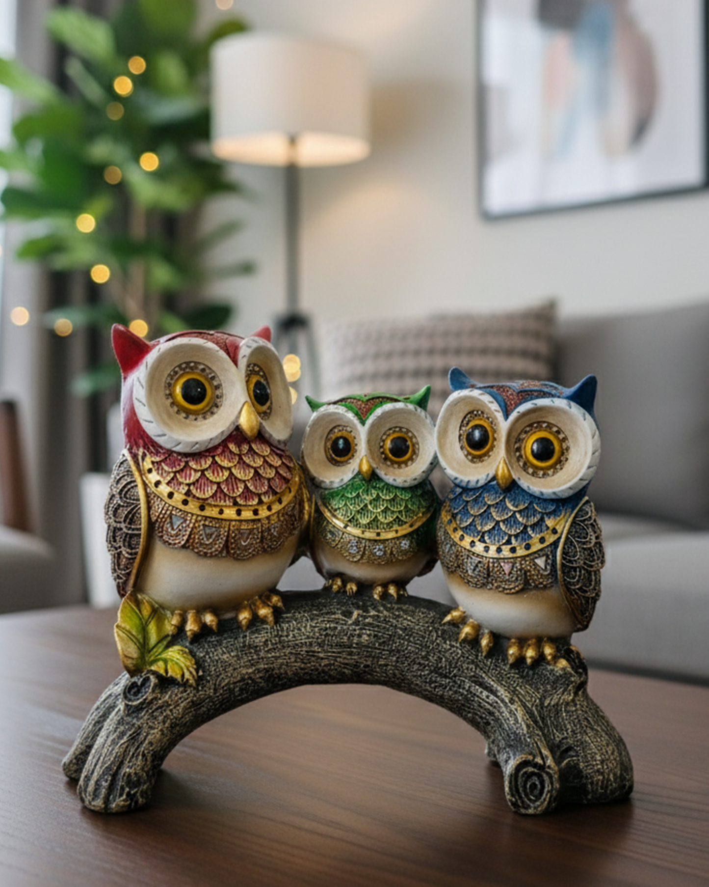 Three owl figurines on a branch in a living room setting