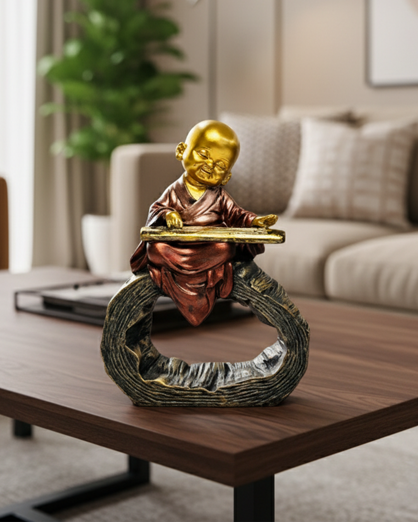Decorative statue of a monk on a table in a living room setting