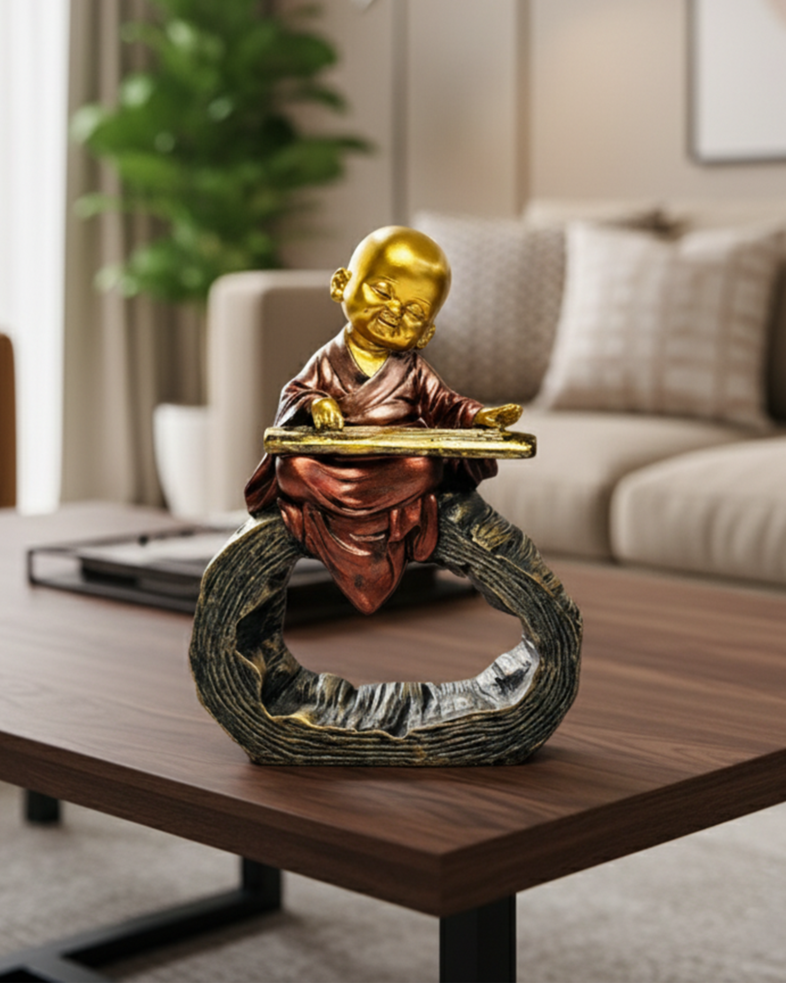 Decorative statue of a monk on a table in a living room setting